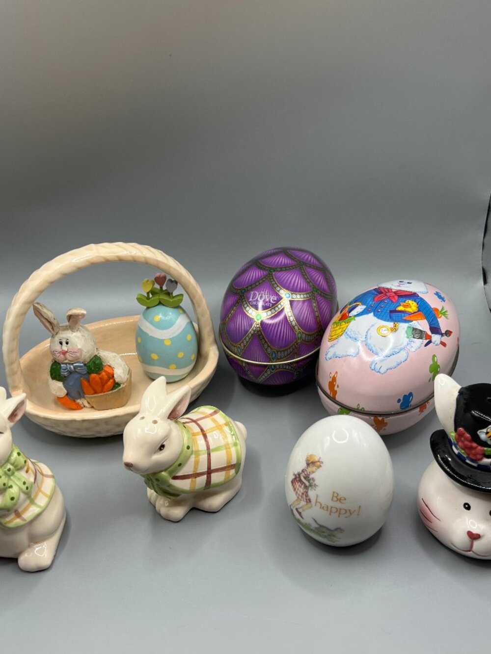 Bunnies Easter Lot of 9 Items Salt and Pepper Basket Eggs Kitschy Fun